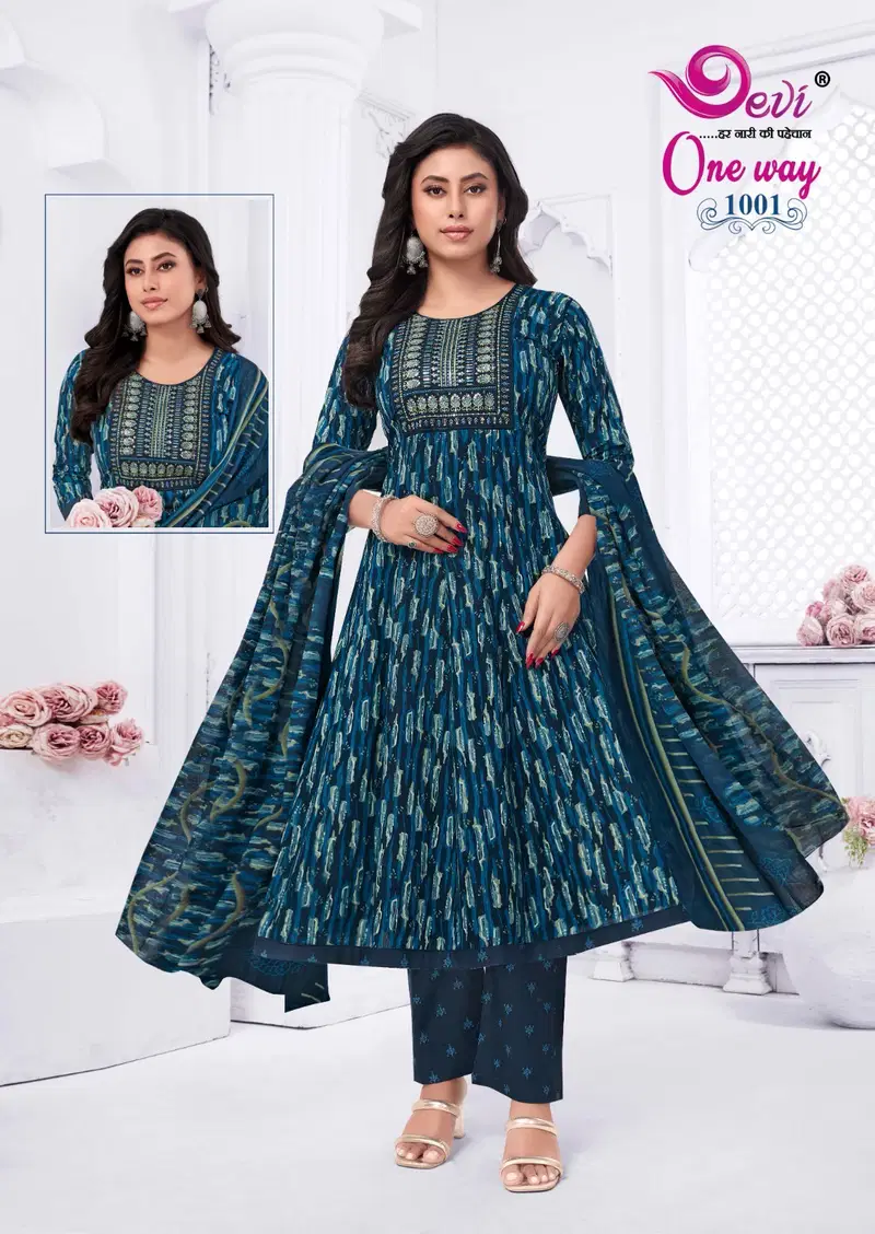 One Way Vol 1 By Devi Cotton Printed Anarkali Kurti With Bottom Dupatta Wholesale Online